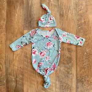 Mint Floral Baby Knotted Gown With Hat